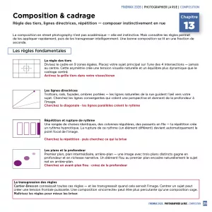 « Photographier la rue » Un guide premium de 44 pages pour maîtriser la street photography de A à Z. Techniques, réglages, lumière, composition, matériel testé 2026, grands noms de la discipline et projets créatifs — tout ce qu’il faut pour sortir, déclencher et progresser.