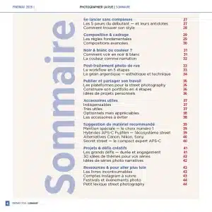 « Photographier la rue » Un guide premium de 44 pages pour maîtriser la street photography de A à Z. Techniques, réglages, lumière, composition, matériel testé 2026, grands noms de la discipline et projets créatifs — tout ce qu’il faut pour sortir, déclencher et progresser.