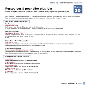 « Photographier la rue » Un guide premium de 44 pages pour maîtriser la street photography de A à Z. Techniques, réglages, lumière, composition, matériel testé 2026, grands noms de la discipline et projets créatifs — tout ce qu’il faut pour sortir, déclencher et progresser.