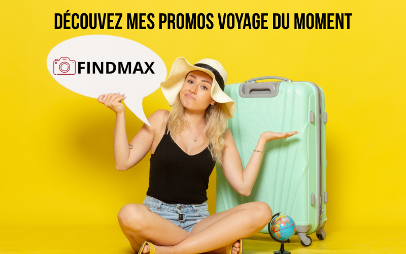 Illustration d'une promotion une jeune femme avec sa valise propose avec une bulle de dessin animée avec le logo Findmax dedans