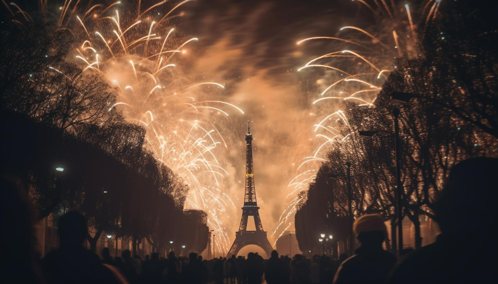 Feu d'artifice au-dessus de la tour Eiffel vu depuis les Champs-de-Mars, croisière thématique sur la Seine à Paris