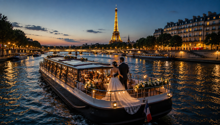 Mariage célébré sur une péniche lors d'un diner croisière sur la Seine à Pais