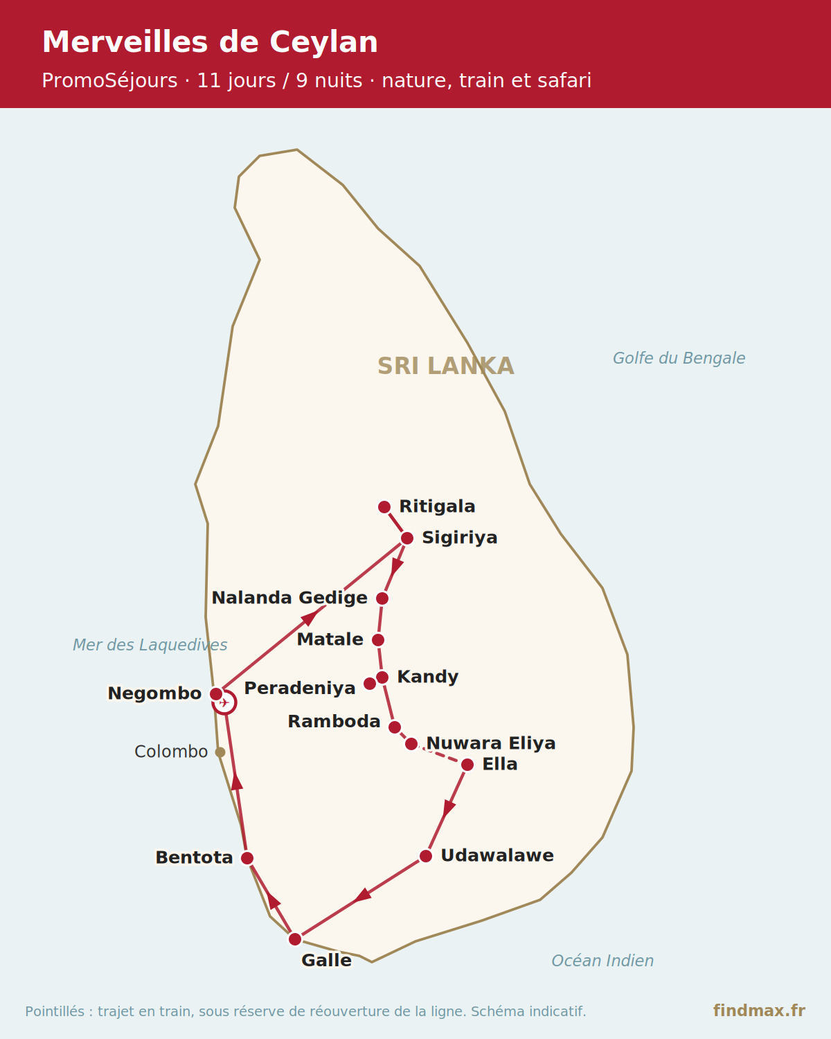 Itinéraire du circuit Merveilles de Ceylan au Sri Lanka, de Sigiriya et Ritigala à Kandy, Nuwara Eliya, Ella, Udawalawe, Galle et Bentota