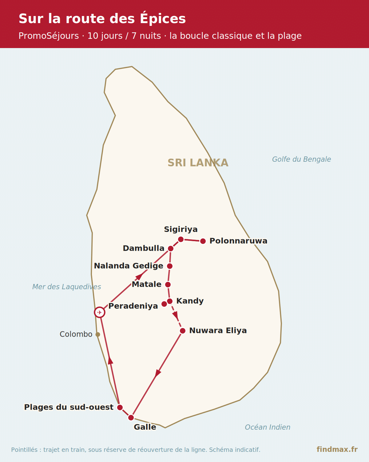 Itinéraire du circuit Sur la route des Épices au Sri Lanka, de Sigiriya et Polonnaruwa à Kandy, Nuwara Eliya, Galle et les plages du sud-ouest